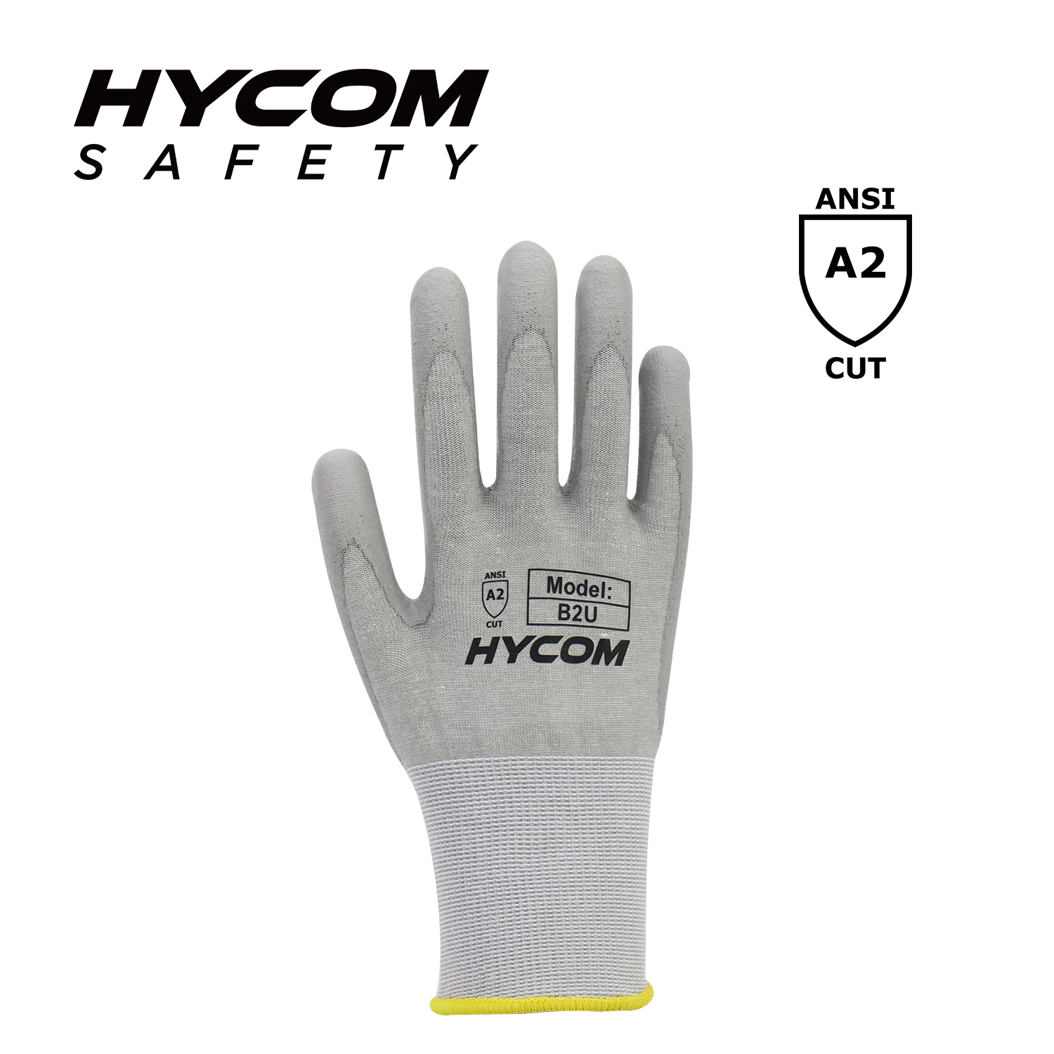 HYCOM 18G ANSI 2 Breathable yarn Cut Resistant Glove with Palm Polyurethane coating Super Thiner Work Gloves
